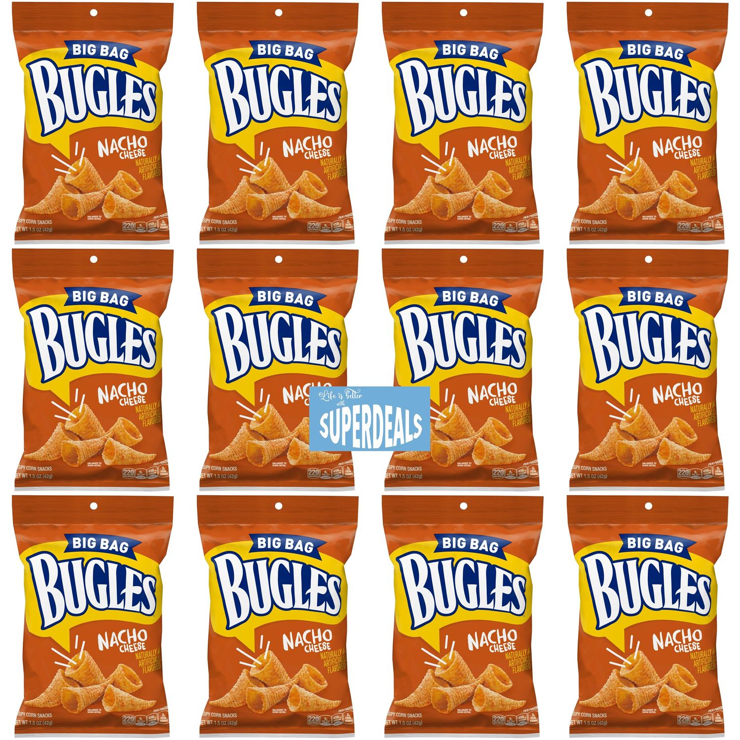 Bugles, Nacho Cheese,Crispy Corn Snack, 1.5 oz Pack of 12 bundled by SUPERDEALS with Mystery Gift