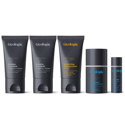 Geologie Complete Skincare Set for Men Women 3-Month Simple Effective Daily Clear Skin Routine Acne, Oily Skin, Dark Spots Face Wash 2-Pack, Retinol Face Cream, SPF15 Moisturizer Eye Cream