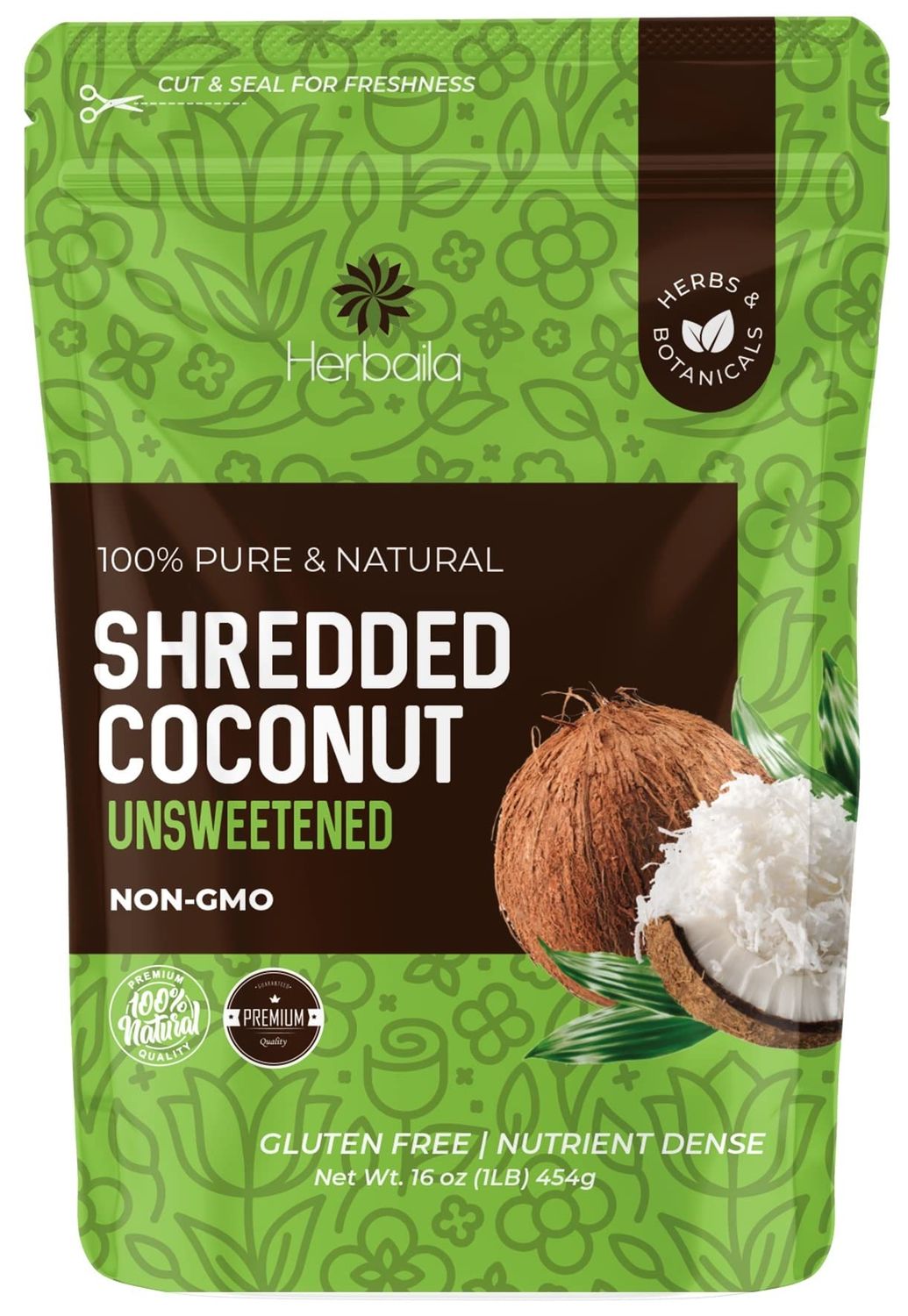 Herbaila Shredded Coconut Unsweetened, 1 lb. Unsweetened Coconut Flakes, Dried Coconut Shavings, Shredded, Flaked Coconut Shreds. All Natural, Non GMO, Pure Unsweetened Shredded Coconut 16 oz.