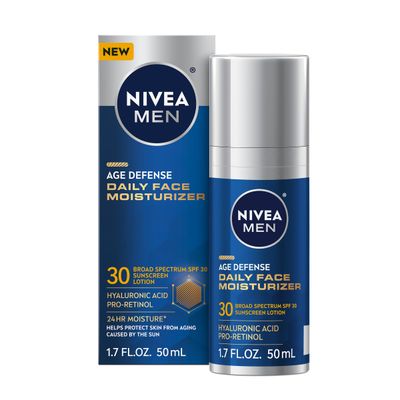 NIVEA Men Age Defense Daily Face Moisturizer with Broad Spectrum SPF 30 Sunscreen, Pro-Retinol and Hyaluronic Acid, Skin Care Gifts for Dad, Helps Defend Against UVAUVB Rays, 1.7 Fl Oz Bottle