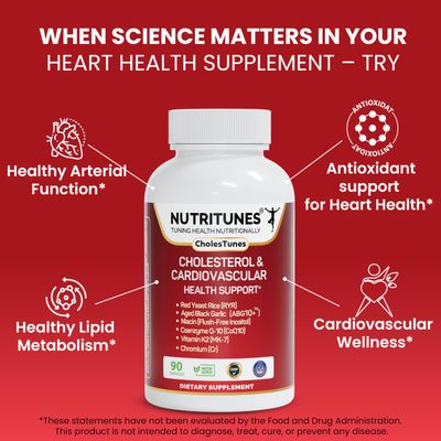 Cholestunes -Cholesterol Heart Health Support Advanced Supplement Red Yeast Rice (RYR), Aged Black Garlic CoQ10, Niacin (Flush-Free), Chromium Vitamin K2- 90 Capsules