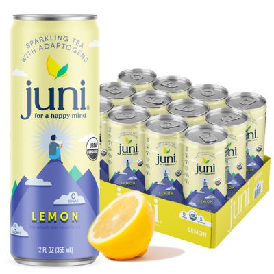 Juni Sparkling Adaptogen Drink with Ashwagandha, Lion s Mane Reishi Mushrooms Green Tea for Focus, Zero Sugar, 5 Calories, Organic Non Alcoholic Drinks - Lemon 12 pack