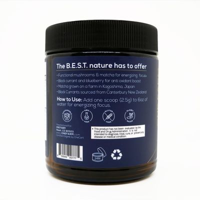 One Farm Energizing Focus Powder Blend - with USDA Organic Blackcurrant, Matcha, Lions Mane, Cordyceps, Rhodiola, and More in a Resealable Glass Jar. 45 Servings - Tart Berry Flavor