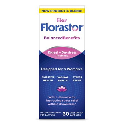 Florastor Her Digest and De-Stress Women&#39;s Probiotic and Stress Relief Supplement, Probiotics for Digestive Health, Vaginal Probiotics, and L-Theanine for Mind and Body Wellness, 30 Capsules