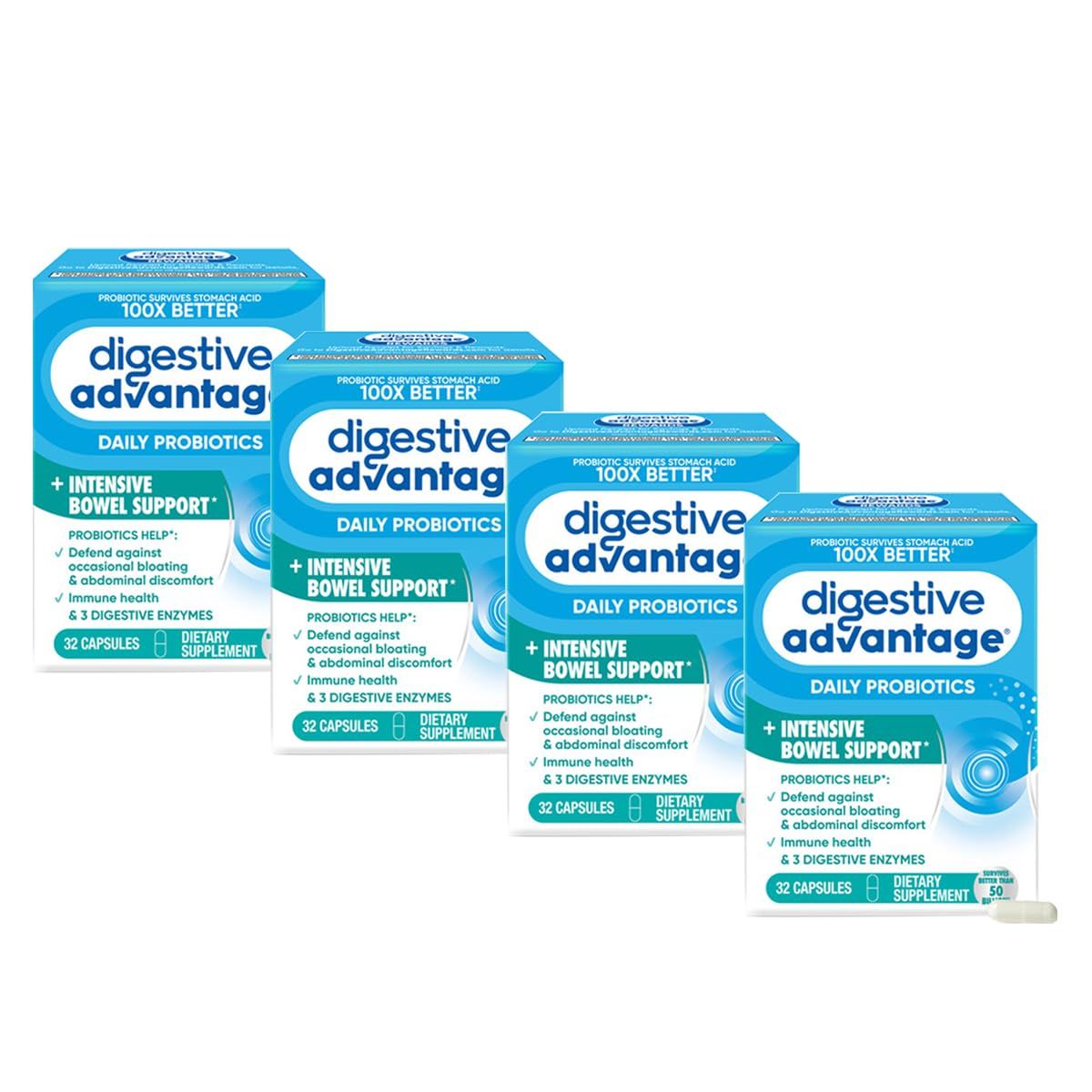 Digestive Advantage Intensive Bowel Support Probiotic Defends Against Gas Bloating, 32 Count Capsules (4 Pack)