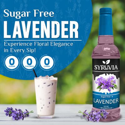 Syruvia Sugar Free Lavender Syrup With Syrup Pump Dispenser - Lavender Coffee Syrup Flavor, 25.4 fl oz, Kosher, Gluten Free, Perfect for Coffee, Drinks, Soda, Desserts, and More