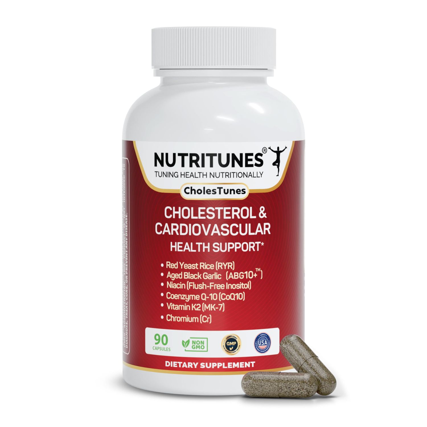 Cholestunes -Cholesterol Heart Health Support Advanced Supplement Red Yeast Rice (RYR), Aged Black Garlic CoQ10, Niacin (Flush-Free), Chromium Vitamin K2- 90 Capsules