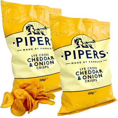 Pipers Crisps 5.3 oz. (150g)(Pack of 2) Cheddar and Onion Potato Chips from the UK - Gluten Free - British Crisps - Patatas Fritas - Onion Chips - Cheese Chips