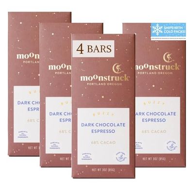Moonstruck Chocolate Dark Chocolate Espresso Bean Bar, 68 Cacao, 3.0oz (Pack of 4)