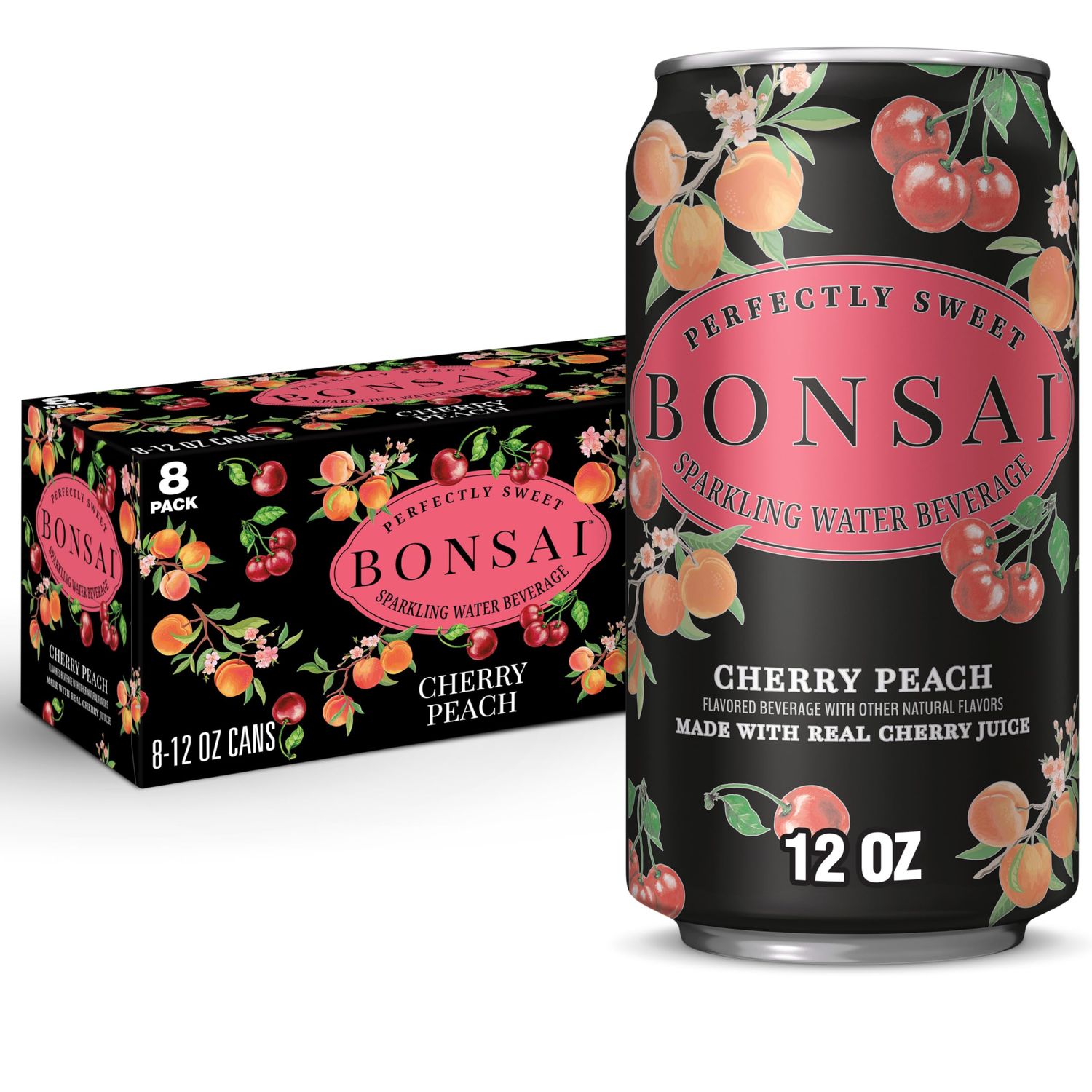 Bonsai Cherry Peach Sweetened Sparkling Water, 12 fl oz cans, 8 pack