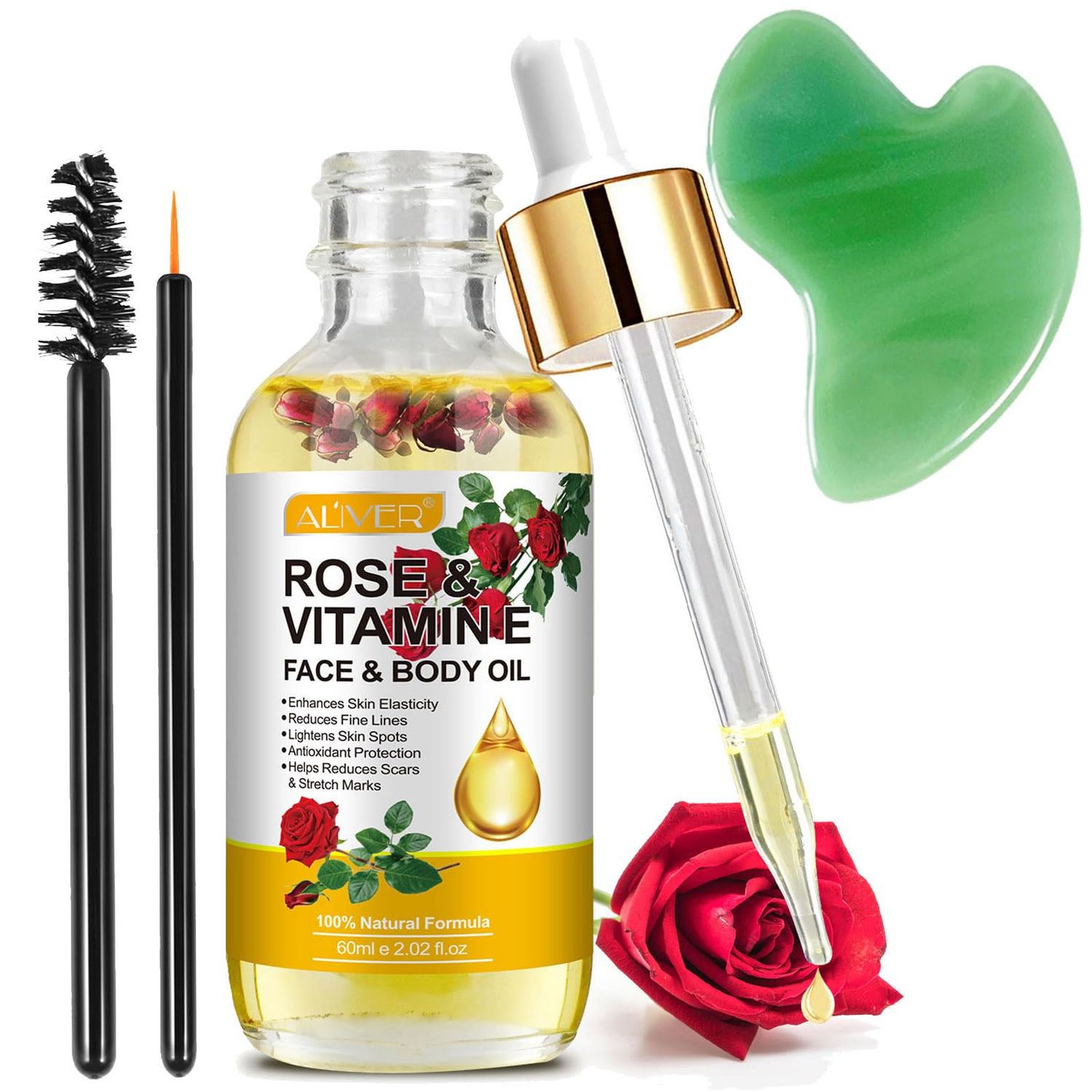 Rose Oil for Face with Rose Petal Flower Gua Sha Tools, Organic Vitamin E Oil for Anti-aging, Scars Stretch Mark, Gua Sha Face Oil, Massage Body Oil Scented for Dry Skin, Scalp and Nail