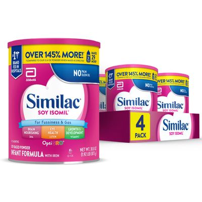 Similac Soy Isomil Infant Formula, for Fussiness Gas, Plant-Based Protein, Baby Formula Powder, 30.8-oz Value Can, Pack of 4