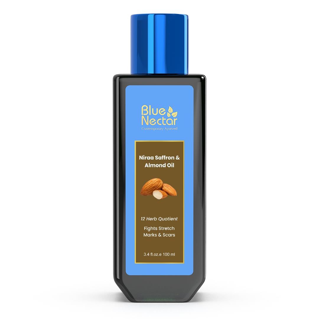 Blue Nectar Saffron Almond Oil, Ayurveda Product for Crepey Skin Skin Firming Body Oil for Stretch Marks (12 Herbs, 3.38 Fl Oz)