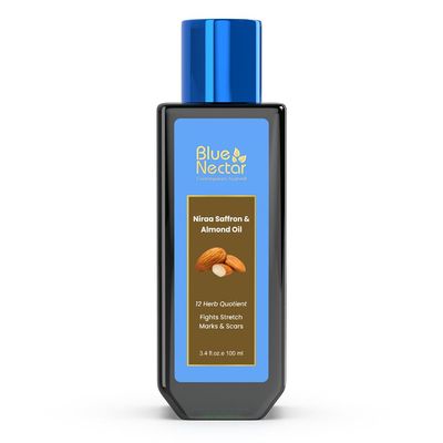 Blue Nectar Saffron Almond Oil, Ayurveda Product for Crepey Skin Skin Firming Body Oil for Stretch Marks (12 Herbs, 3.38 Fl Oz)