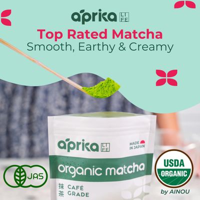 AprikaLife Organic Matcha Powder, USDA JAS Certified, No Sugar Added, Authentic Japanese Cafe Grade Matcha Green Tea Powder Perfect for Matcha Lattes, Smoothies Baking, 3.5 oz100g