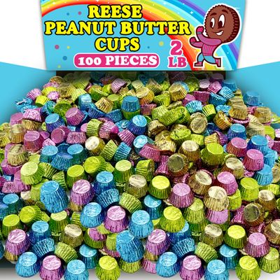 Reese Peanut Butter Cup Miniatures, 2 Lbs Bulk Milk Chocolate Cups Party Pack, Seasonal Spring Edition In Pastel Colored Foil Wrapping, Individually Wrapped Chocolate Candy