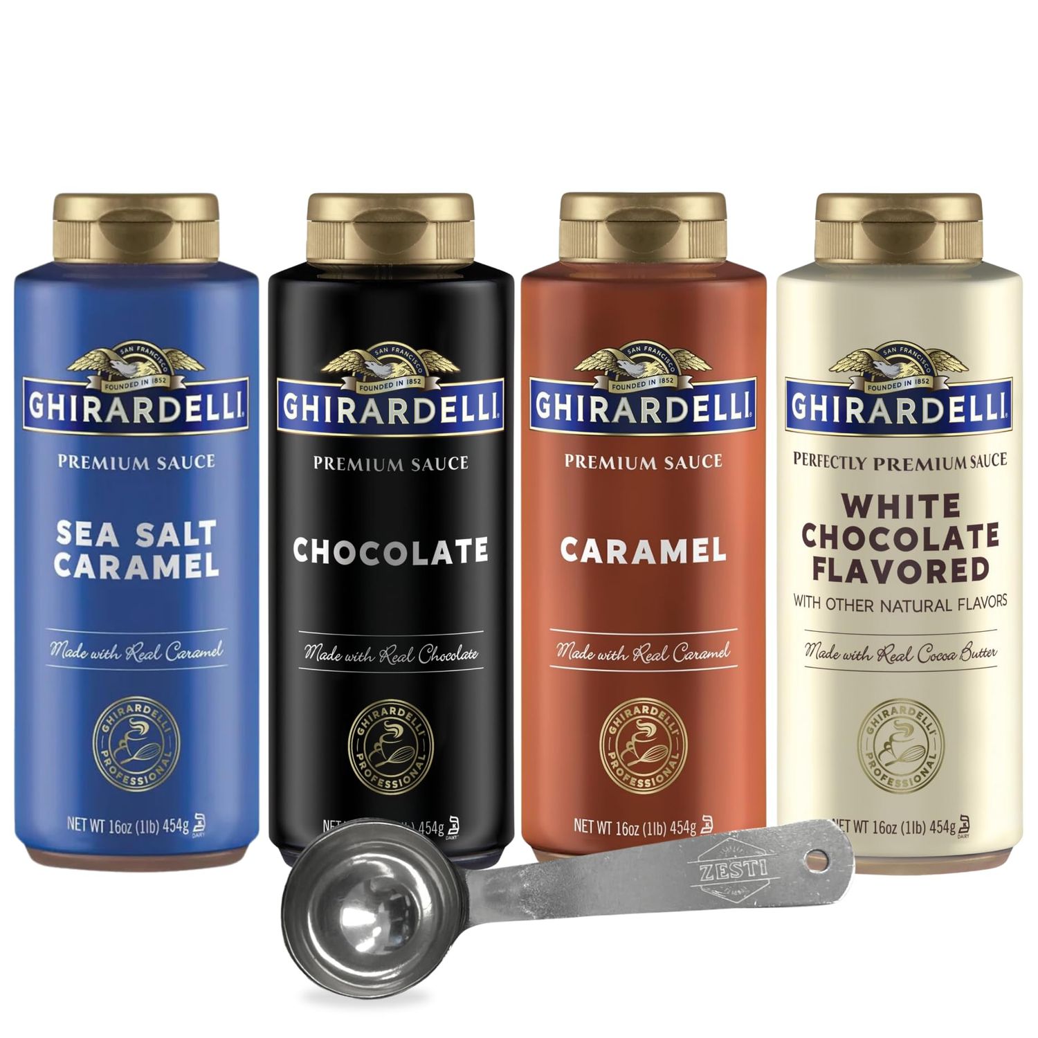 Chocolate, Sea Salt Caramel, White Chocolate, Caramel - 16 oz (Pack of 4) with ZESTI Barista Spoon - For Coffee Desserts