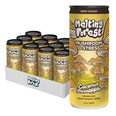 Melting Forest Mushroom D-Stress Drink - Reishi Lion&#39;s Mane - Stress Relieving Focus - Cognitive Function Mental Clarity - 12 Pack - Coconut Pineapple