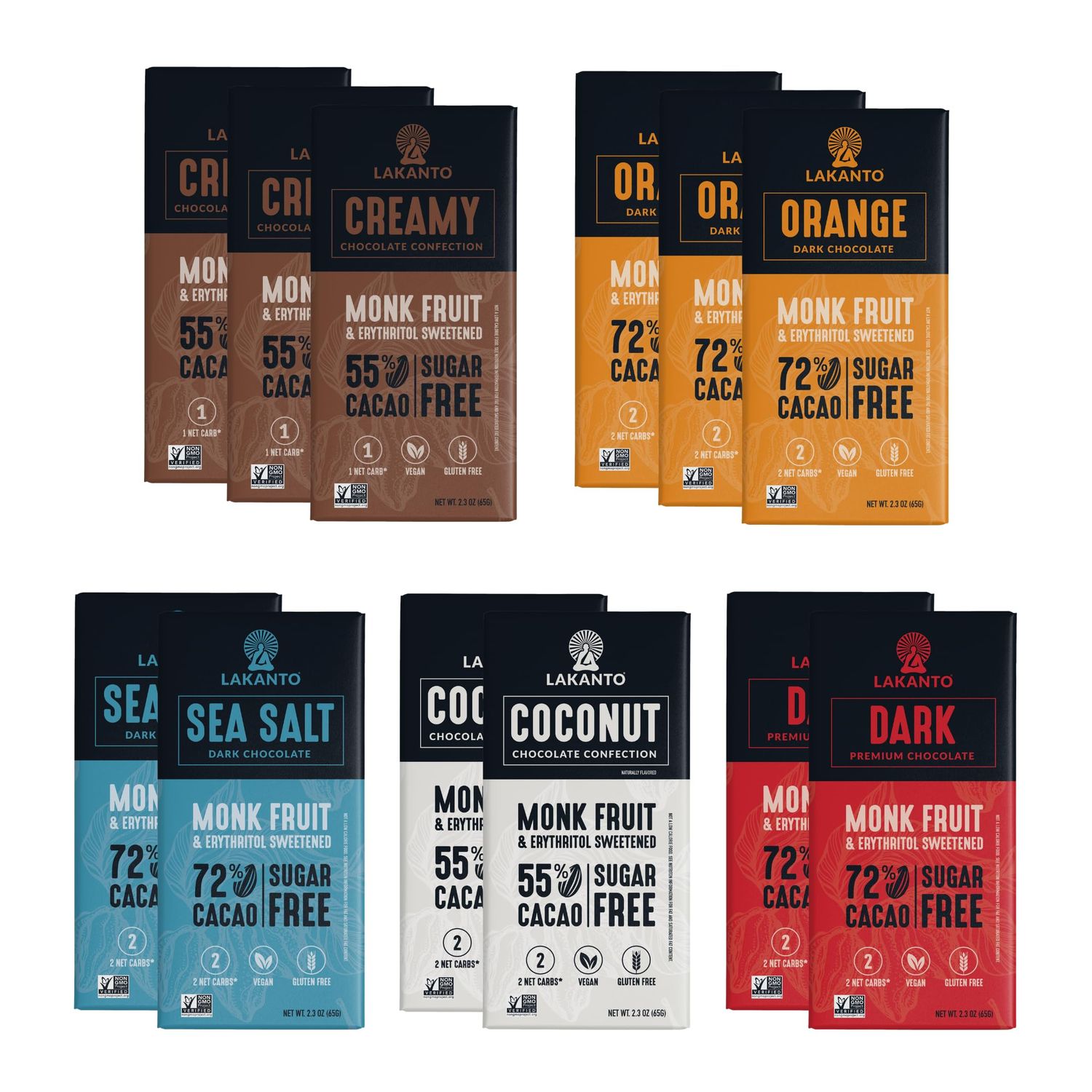 Lakanto Sugar Free Chocolate Bars Sample Variety Pack - Dark, Orange, Creamy, Coconut, Sea Salt (Variety Pack - 12 Bars - Pack of 1)
