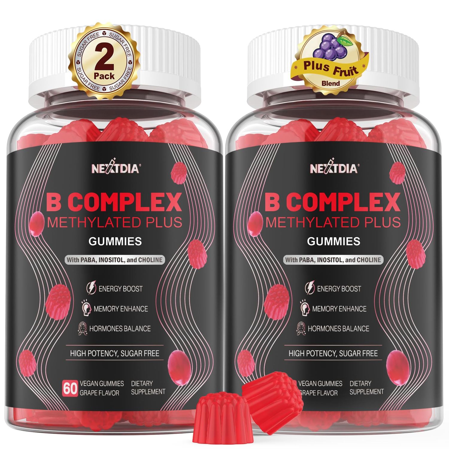 Brain Mood Support Gummies, Super Vitamin B Complex for Men Women, All B Vitamin B1 B2 B3 B5 B6 B7 B9 MethyB12 Multivitamin with PABA, Inositol, Choline, Supports MTHFR Gene Energy, Vegan, 120Ct