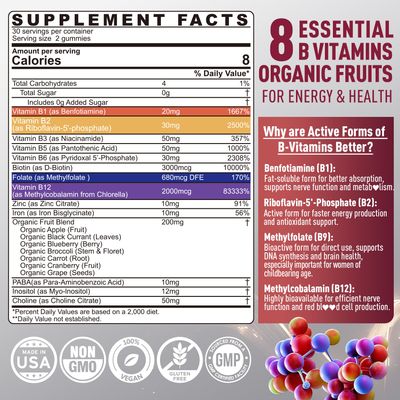 Brain Mood Support Gummies, Super Vitamin B Complex for Men Women, All B Vitamin B1 B2 B3 B5 B6 B7 B9 MethyB12 Multivitamin with PABA, Inositol, Choline, Supports MTHFR Gene Energy, Vegan, 120Ct