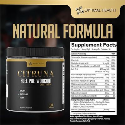 Citruna Fuel Pre Workout Mix and Energy Supplement, Zero Sugar Drink with B-Complex Vitamins to Boost Strength, Sharpen Focus, and Increase Endurance - 30 Servings, Cherry Limeade Flavor