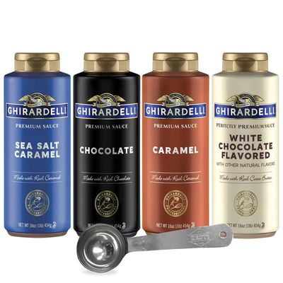 Chocolate, Sea Salt Caramel, White Chocolate, Caramel - 16 oz (Pack of 4) with ZESTI Barista Spoon - For Coffee Desserts