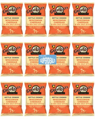 Kettle Cooked Potato Chips by Great Lakes Value Pack Bundled by SUPERDEALS 1.375 Oz Bag Wisconsin Cheddar Pack of 12 with mystery bonus gift