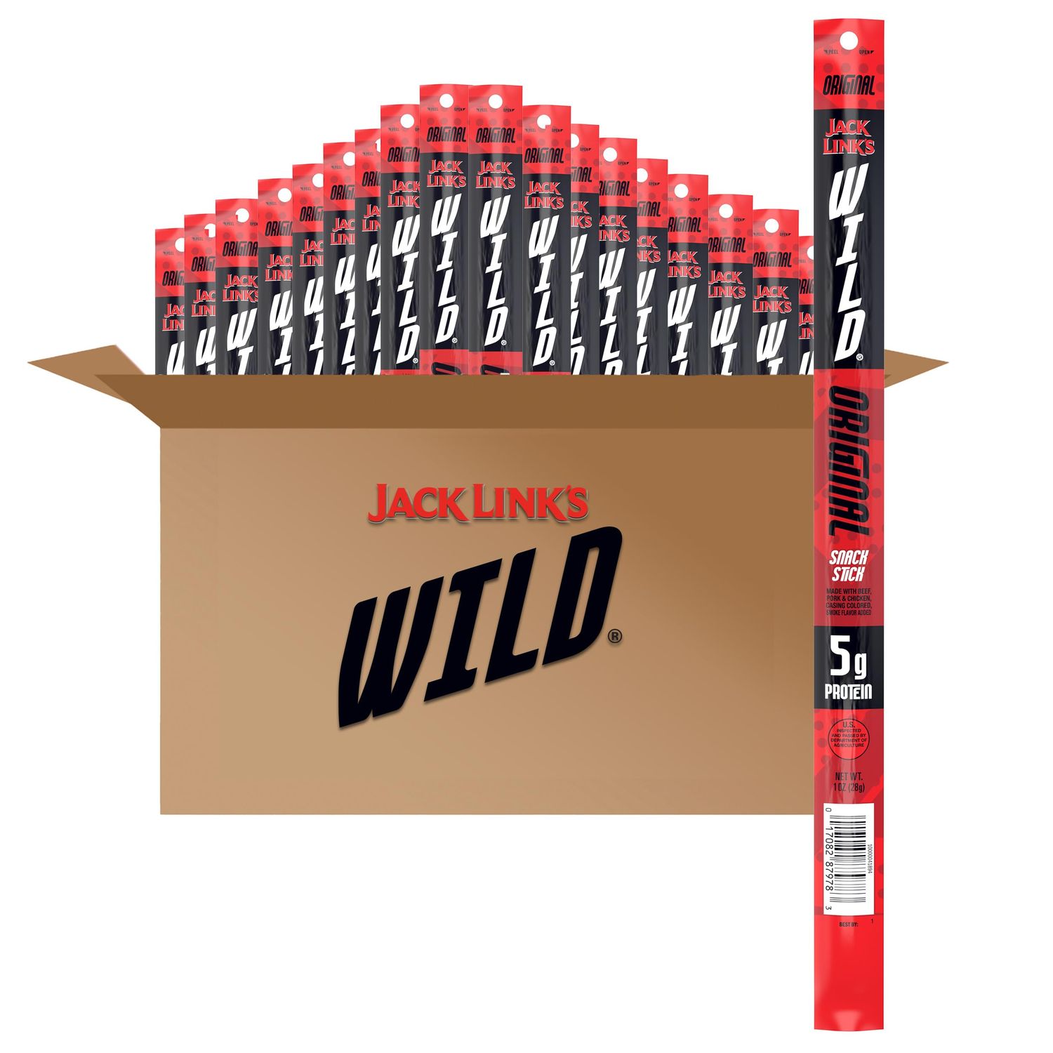 Jack Link&#39;s WILD Beef Sticks, Original Meat Snack - Protein Snack, Meat Snack Sticks Made with 100 Beef with 5g of Protein, Keto Paleo Diet Ready, Individually Wrapped - 1.0 Oz. (Pack of 20)