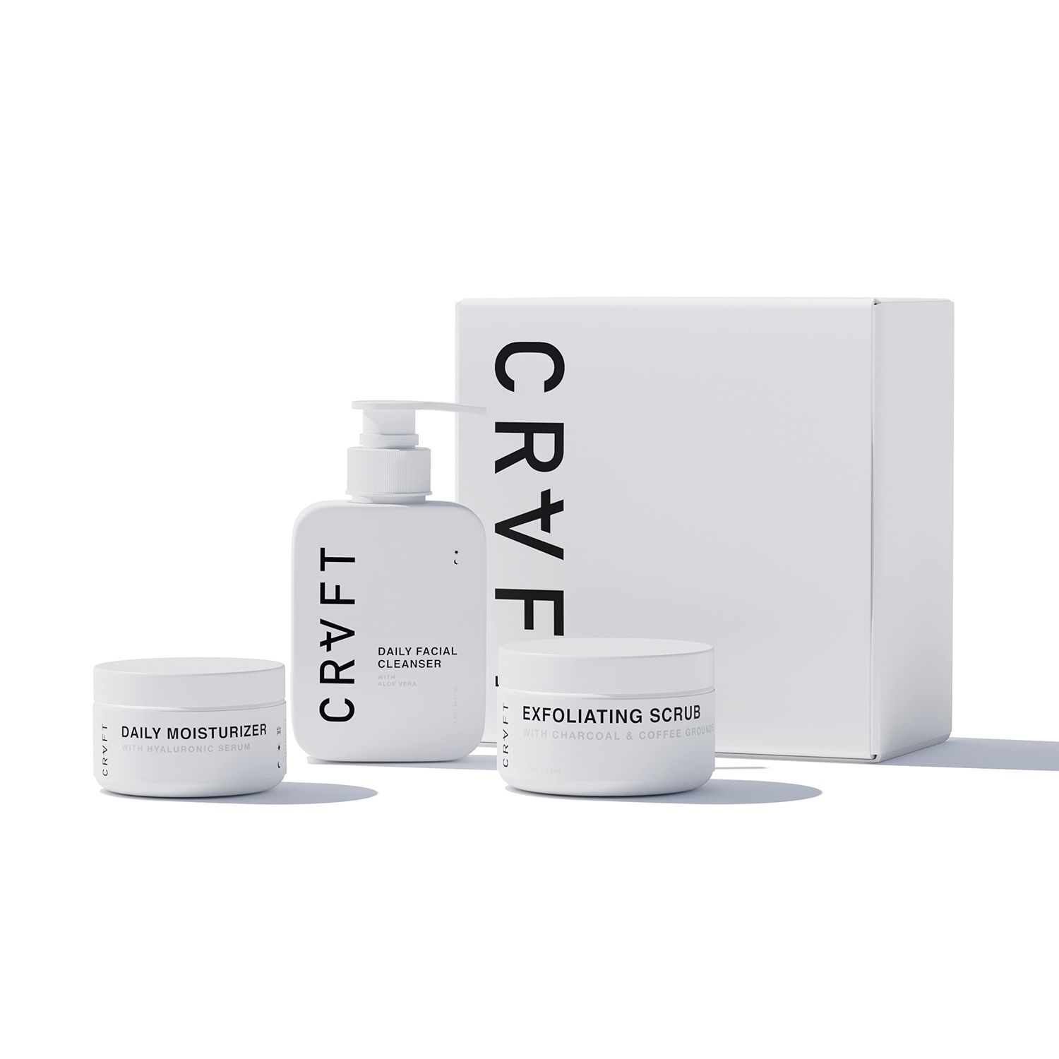 CRVFT Men s Facial Care Kit Aloe Vera Face Wash 3oz Hyaluronic Moisturizer 1oz Charcoal Exfoliating Scrub 1.7oz 3 Piece Complete Daily Skin Care System Look Feel Your Best [Scented]