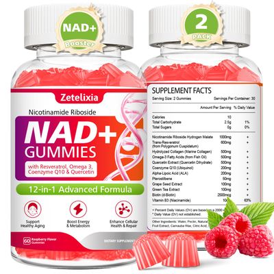 Zetelixia 2 Pack 12 in 1 NAD Gummies, NAD Supplements for Women Men, NAD with Nicotinamide Riboside, Resveratrol, Quercetin for Anti-Aging, Cell Regeneration, DNA Repair, Raspberry Flavor, 120Ct
