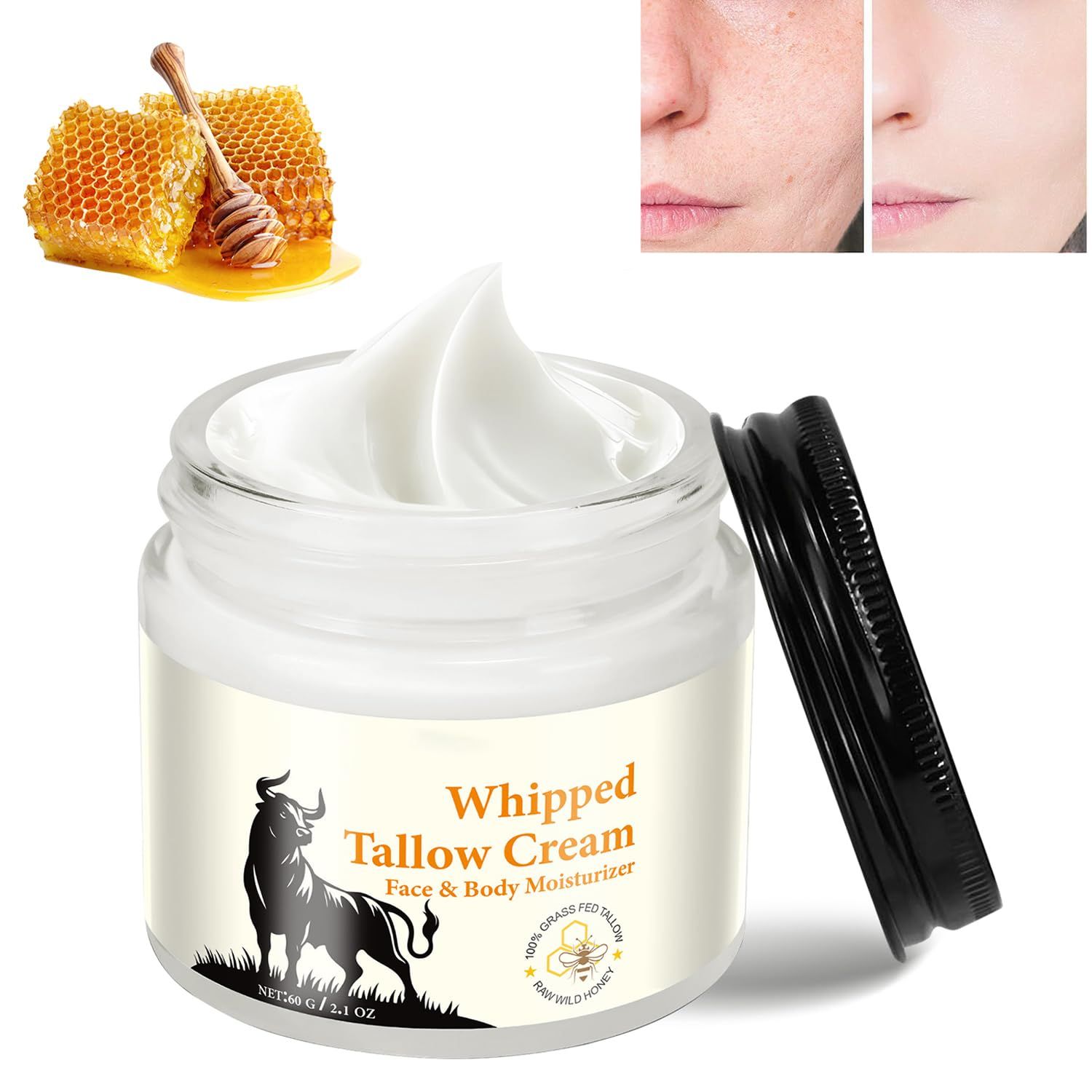 ploreatu Tallow for Skin, Moisturizer Cream, Nourishing and Hydrating Skin, Organic Tallow Honey Balm for Skin,Natural Grass-Fed Tallow Cream with Raw Honey for All Skin Care (1 PCS,60g)
