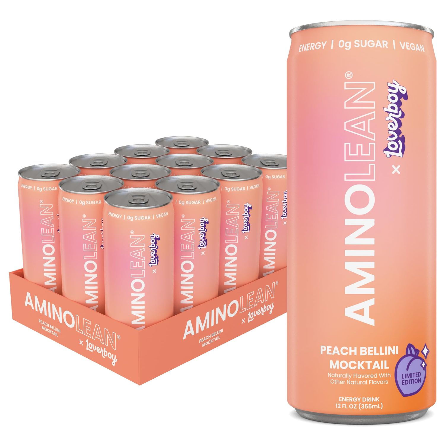 AminoLean x Loverboy Peach Bellini Energy Drink - Sugar Free Anytime Energy with Natural Caffeine Vegan Amino Acids for No Jitters, Tingles, or Crash, 12 Pack