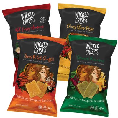 Baked Veggie Chips, Wicked Crisps, Variety Pack, Healthy Snack, Gluten-free, Low-fat, Non-GMO, Kosher, Crunchy Gourmet Savory Crisps, No Additives or Preservatives, 4oz bag, (4 pack)