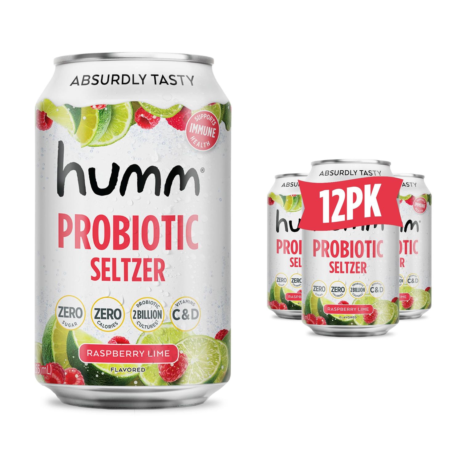 Humm Raspberry Lime Sparkling Water, Zero Sugar, Zero Calorie Seltzer, Whole30 Approved Probiotic Drink, 2 Billion Probiotics, Vitamin C, D, and B12, 12 fl oz (12 Pack)