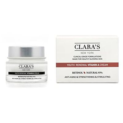 CLARA&#39;S NEW YORK Youth Renewal Retinol (Vitamin A) Facial Cream for Anti-aging, Reducing wrinkles - Rich, Non-sticky, Fast-absorbing Formula, 50ml MADE IN USA