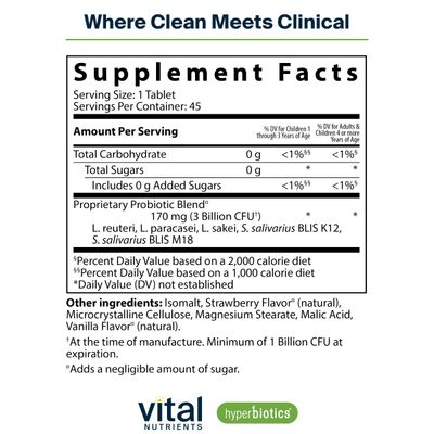Hyperbiotics Vital Nutrients Pro Kids Probiotic ENT Toddler Probiotics for Kids Ear, Nose and Throat Targeted Immune and Digestive Health Strawberry-Vanilla 45 Sugar-Free Chewable Tablets