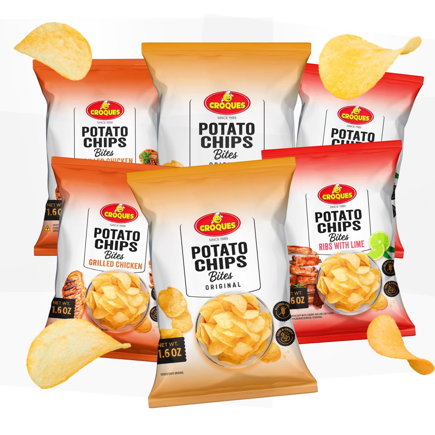 Croques Potato Chips 1.58oz Crispy Thin-Cut Snack, Gluten Free Crunchy Snack Individual Pack Salty Thin Crisps Batata Lisa Croques 45g (6 Pack, Mix)