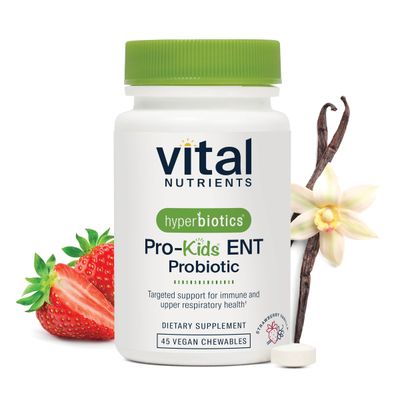 Hyperbiotics Vital Nutrients Pro Kids Probiotic ENT Toddler Probiotics for Kids Ear, Nose and Throat Targeted Immune and Digestive Health Strawberry-Vanilla 45 Sugar-Free Chewable Tablets