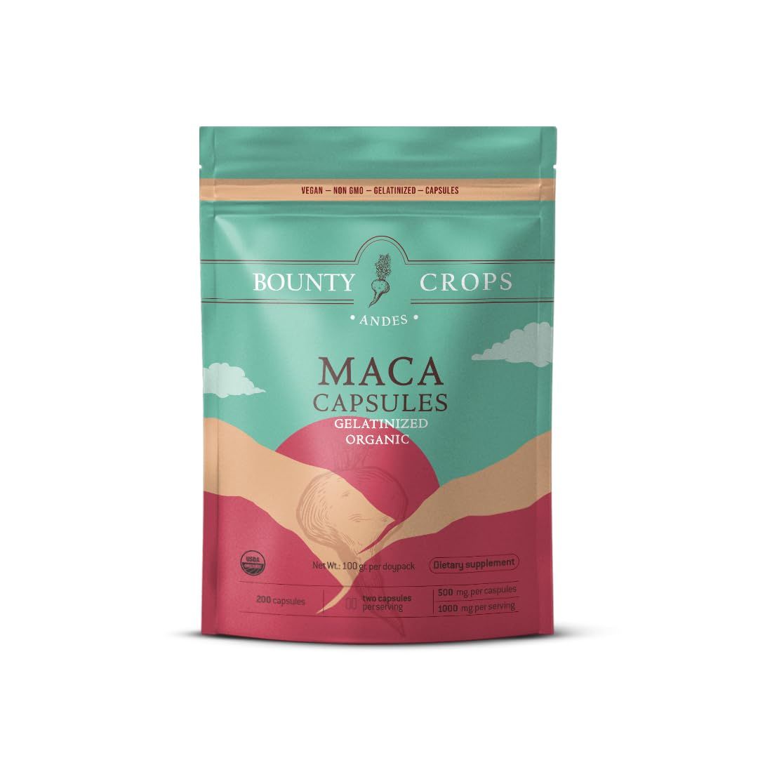 Bounty Crops Organic Maca Powder CAPSULES-1000 mg per Serving, Gelatinized, Non-GMO, 200 Vegan Capsules, Black, Red, and Yellow Peruvian Maca, Energy and Vitality Support.