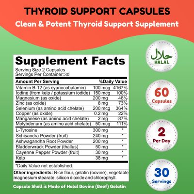 SHIFAA NUTRITION Halal Thyroid Support 30 Servings Non-GMO Relief Supplement w B12, Iodine, Selenium, L-Tyrosine Supports Energy, Metabolism, Focus, Clarity, Cortisol Balance