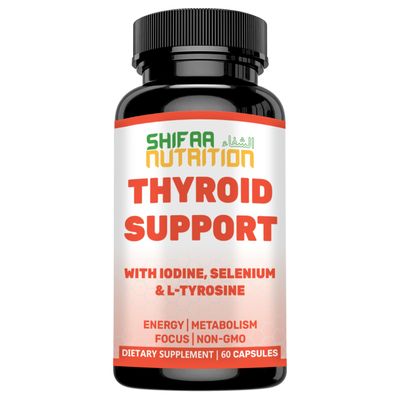 SHIFAA NUTRITION Halal Thyroid Support 30 Servings Non-GMO Relief Supplement w B12, Iodine, Selenium, L-Tyrosine Supports Energy, Metabolism, Focus, Clarity, Cortisol Balance