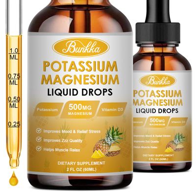 Bunkka Potassium Magnesium Supplement, Potassium Supplement with Magnesium, Calcium, Vitamin D3, Zinc, Sugar Free Vegan Liquid Drops for Leg Cramps, Energy, Metabolism, for Adult and Kid