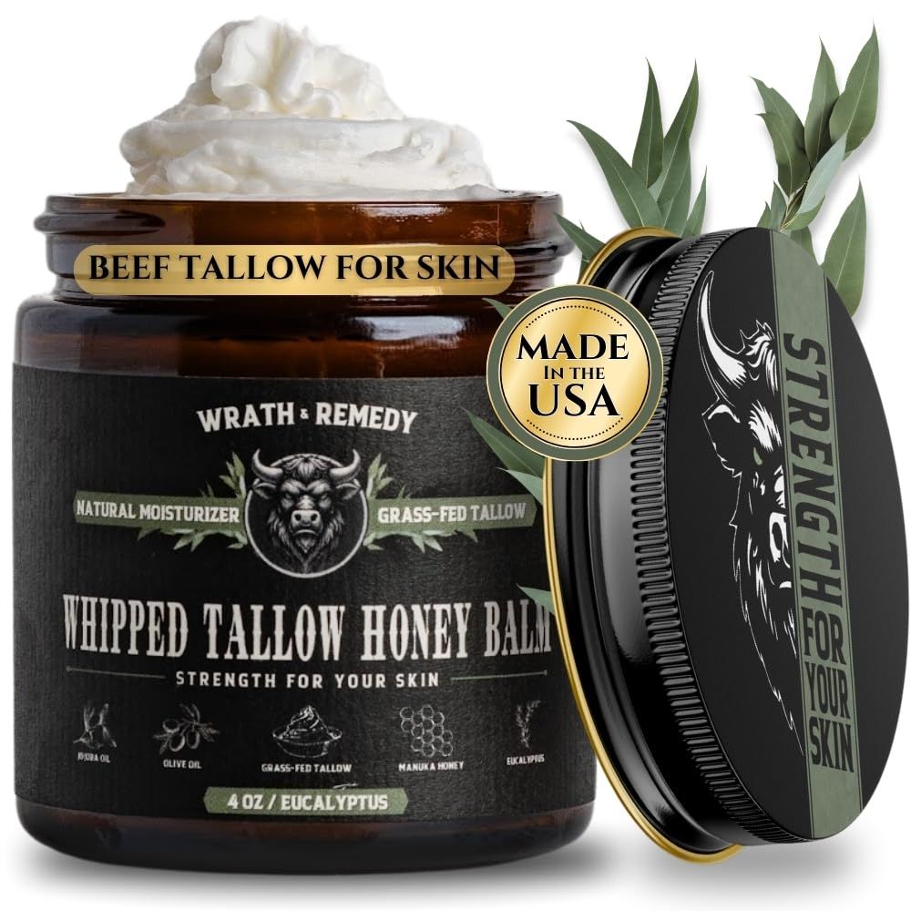Wrath Remedy Handmade Whipped Organic Beef Tallow for Skin - 4 OZ (Eucalyptus) - Grass Fed Beef Tallow Moisturizer and Honey Balm for Silky, Sensitive-Skin, Eczema, Rosacea - Free of Harsh Chemicals