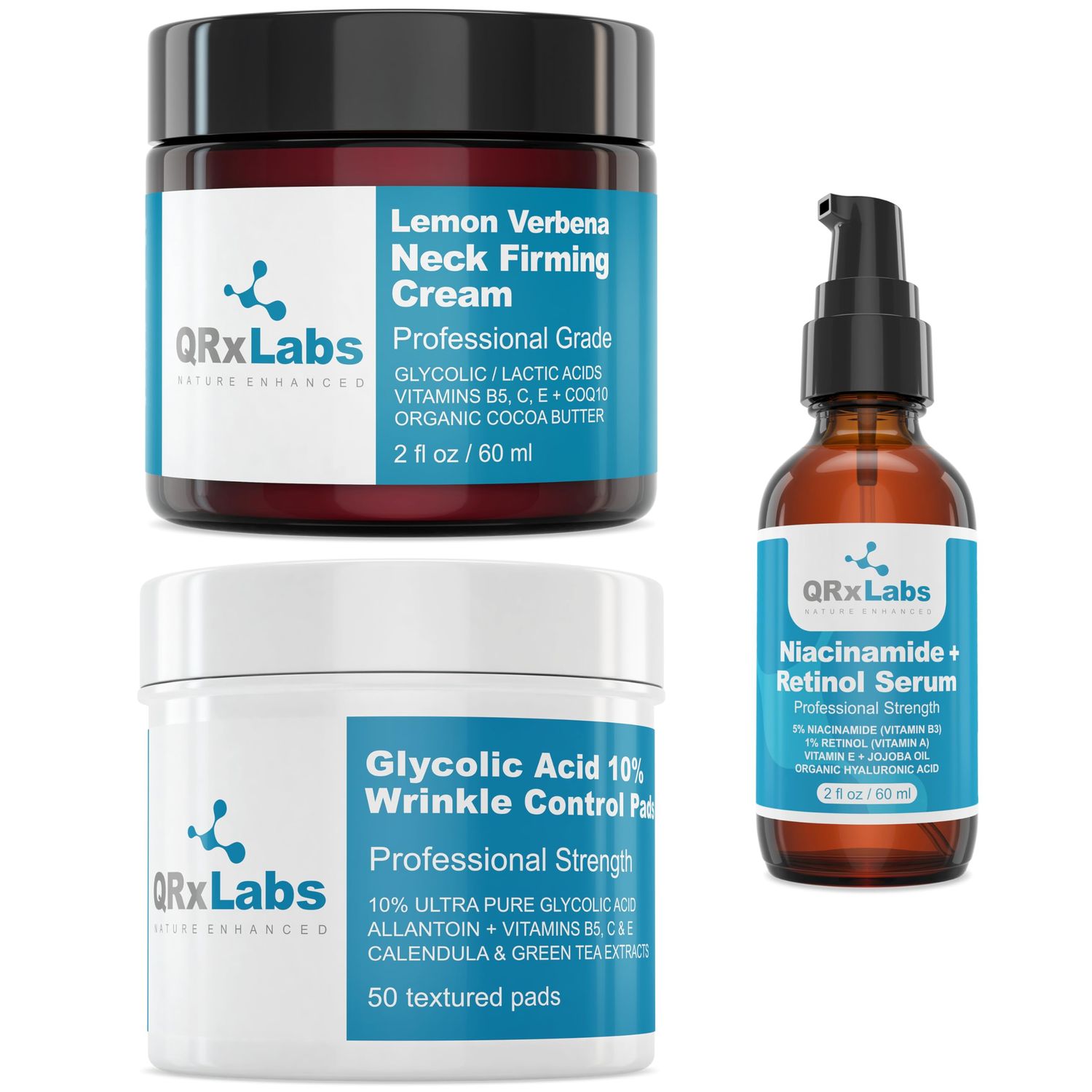 QRxLabs Anti-Aging Skincare Bundle: Glycolic Acid 10 Wrinkle Control Pads, Lemon Verbena Neck Firming Cream, and 5 Niacinamide Retinol Serum - Anti-Wrinkle, Tightening, and Moisturizing
