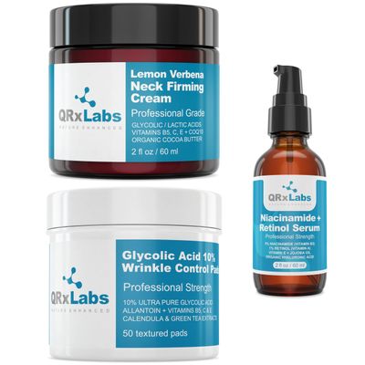 QRxLabs Anti-Aging Skincare Bundle: Glycolic Acid 10 Wrinkle Control Pads, Lemon Verbena Neck Firming Cream, and 5 Niacinamide Retinol Serum - Anti-Wrinkle, Tightening, and Moisturizing