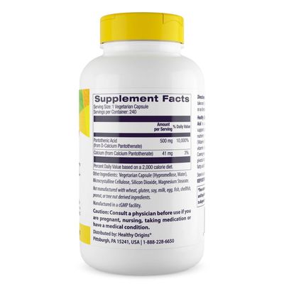 Healthy Origins Pantothenic Acid, 500 mg - Pantothenic Acid Supplement - Supports Energy Metabolism - Pantothenic Acid Supplement with Calcium - Non-GMO Gluten-Free Supplement - 240 Veggie Capsules