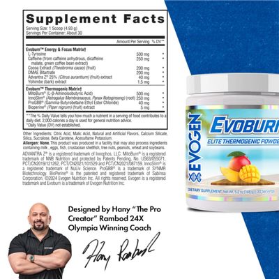 Evogen Evoburn - Thermogenic Fat Burner for Men Women Energy, Focus, Appetite Control Advanced Metabolism Booster Fat Burner Formula with MitoBurn Caffeine Mango 30 Servings