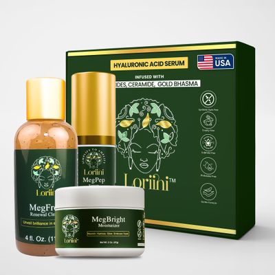 LORIINI Meg Collection Complete Skincare Set with MegFresh Cleanser, MegPep Serum, MegBright Moisturizer