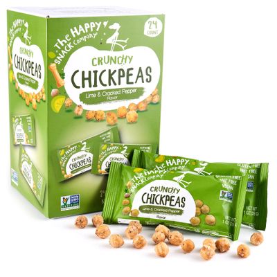 The Happy Snack Company Crunchy Chickpeas Lime Cracked Pepper 24 x 1 oz. 5g Plant Based Protein 120 Cals. Gluten,Nut Dairy Free, Non-GMO and Vegan.